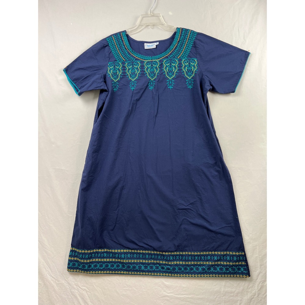 National Embroidered Shift Dress Womens 1X Navy Blue Cotton Short Sleeve Pocket